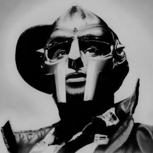 Black and White photo of an art piece of MF Doom.